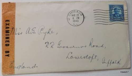 Censored Mail - 1943 - From Chicago, USA to Suffolk, England - Examiner 3041