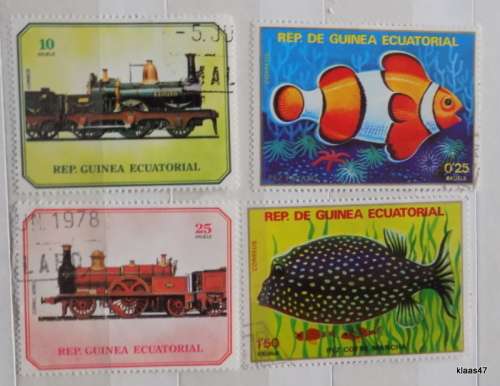 Equatorial Guinea - 1978 Locomotives 1979 Tropical Fish - 4 Cancelled hinged stamps