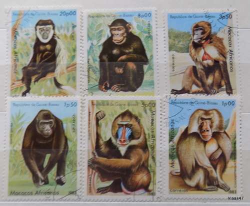 Guinea Bissau - 1983 - African Apes and Monkeys - 6 Cancelled hinged stamps