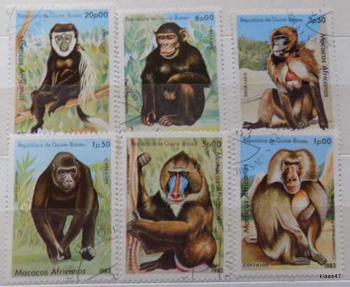 Guinea Bissau - 1983 - African Apes and Monkeys - 6 Cancelled hinged stamps