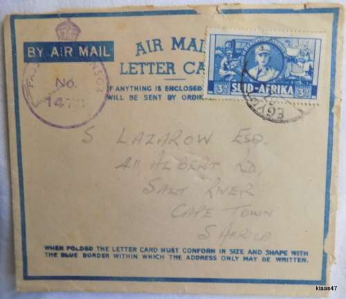 Airmail Letter Card - Active Service - Posted Egypt to Cape Town 1942 - Censored Mail