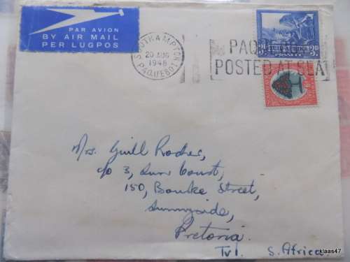 1948 - Union-Castle Line Envelope - Paquebot Posted at Sea - Southampton to Pretoria