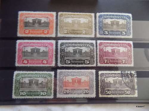 Austria - 1919-21 - Parliament Building Vienna - Set of 9 Mixed (1)Used and (8)Unused hinged stamps