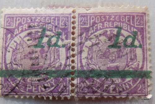 Zuid Afrikaansche Rep - 1895 - Pair of 1d surcharge (green) on 2 1/2d stamp (Used hinged)