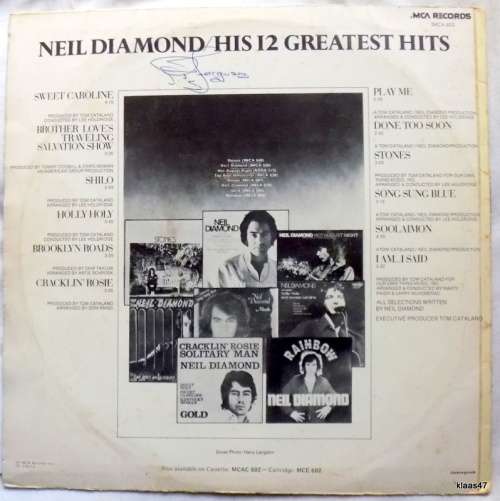 Neil Diamond - His 12 Greatest Hits - MCA Records  SMCA602 - Some scratches and cover worn