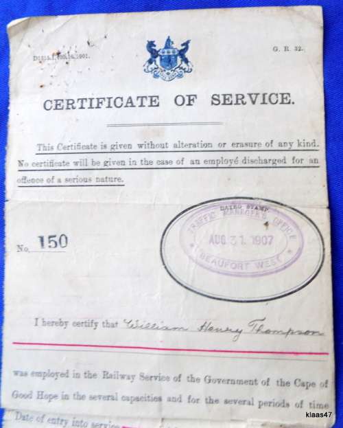 Govt of the Cape of Good Hope - Certificate of Service - Dated 1907 Beaufort West