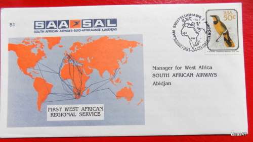 South African Airways - No 51 - 1991 - Flight SA 050 - Abidjan - Signed: Capt PE Kruger