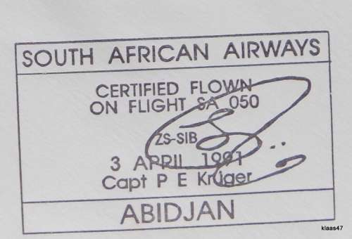South African Airways - No 51 - 1991 - Flight SA 050 - Abidjan - Signed: Capt PE Kruger