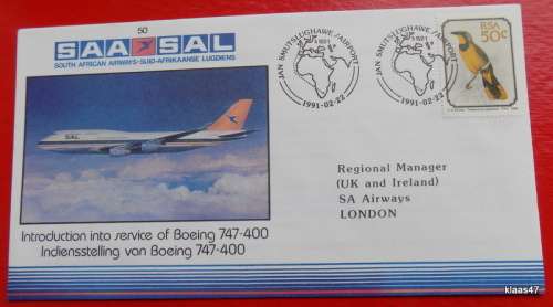 South African Airways -  SAA SAL - Flight Cover No 50 - Certified flown on Flight SA234 (1991)