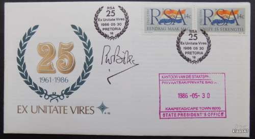 1985 RSA - 25 Years - FDC 4.16 - Signed by State President: PW BOTHA - With Presidents Cachet