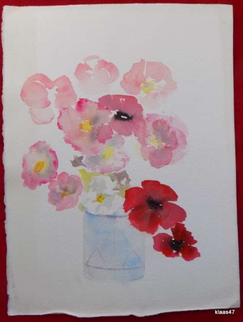 Unframed  Unsigned Watercolour  of Pink and Red flowers