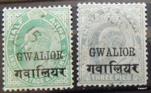 British Colonies:1903/11 - King Edward VII - India States - Overprint: Gwalior - 2 Used hinged stamp