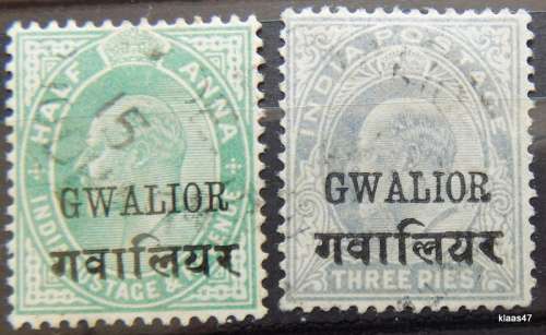 British Colonies:1903/11 - King Edward VII - India States - Overprint: Gwalior - 2 Used hinged stamp