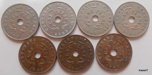 Southern Rhodesia - 1937-1949 - 7 One Penny coins - 4 Copper-nickel, 3 Bronze