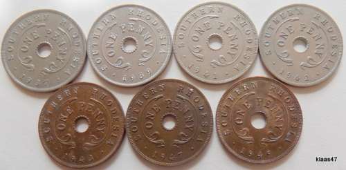 Southern Rhodesia - 1937-1949 - 7 One Penny coins - 4 Copper-nickel, 3 Bronze