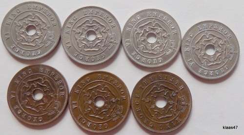 Southern Rhodesia - 1937-1949 - 7 One Penny coins - 4 Copper-nickel, 3 Bronze