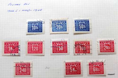 Czechoslovakia - 1946-1948 - Postage Due - 11 Used hinged stamps, on paper.