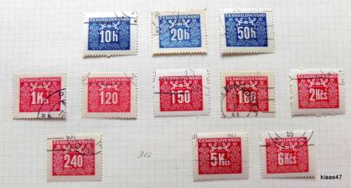 Czechoslovakia - 1946-1948 - Postage Due - 11 Used hinged stamps, on paper.