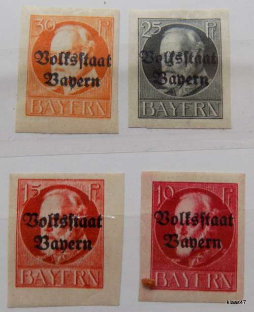 Bavaria - 1919 - King Ludwig III - Overprint: VOLKSSTAAT BAYERN  - 4 Imperf Unused hinged stamps