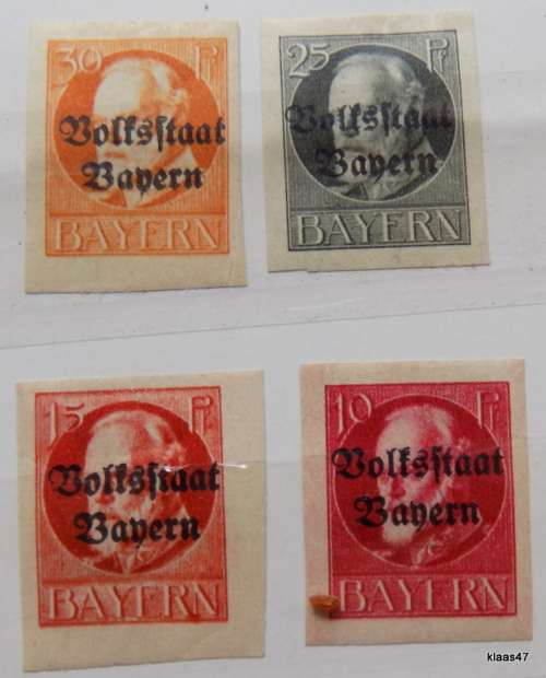 Bavaria - 1919 - King Ludwig III - Overprint: VOLKSSTAAT BAYERN  - 4 Imperf Unused hinged stamps