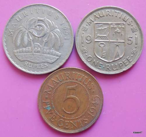 Mauritius - George VI - 5c 1945 (Bronze), 1 Rupee 1951 (Copper-nickel) + 5 Rupees 1991 (Copper-nicke