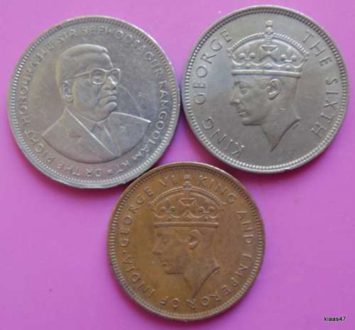 Mauritius - George VI - 5c 1945 (Bronze), 1 Rupee 1951 (Copper-nickel) + 5 Rupees 1991 (Copper-nicke