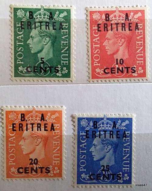 GB - 1951 - George VI - Overprinted `B.A. Eritrea` - 4 Unused Hinged stamps