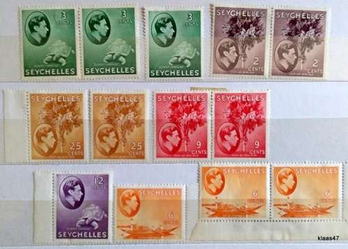 Seychelles - 1938  - King George VI - 13 Unused Hinged stamps (some pairs)
