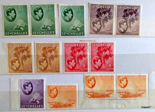 Seychelles - 1938  - King George VI - 13 Unused Hinged stamps (some pairs)