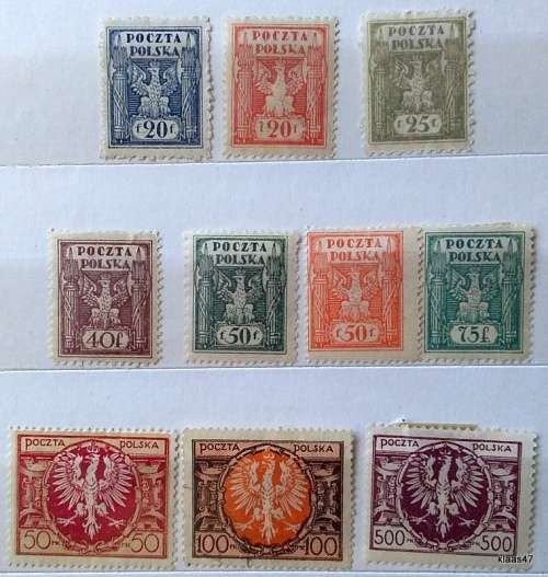 Poland - 1919-21 - Definitives - Coat of Arms - Mixed Lot of 10 Unused Hinged stamps
