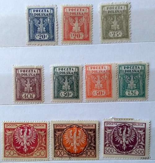 Poland - 1919-21 - Definitives - Coat of Arms - Mixed Lot of 10 Unused Hinged stamps
