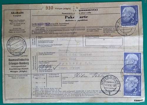 Germany - 1962 - Parcel Card - No. 930 Wangen (Allgau) - To Monat and Co, Cape Town