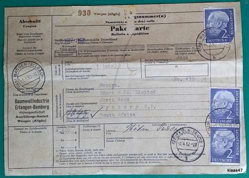 Germany - 1962 - Parcel Card - No. 930 Wangen (Allgau) - To Monat and Co, Cape Town