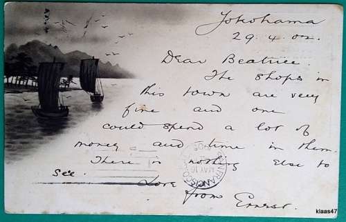 UPU Post Card - Japan Yokohama- stamp removed - Posted to USA - San Francisco date stamp May 16 1902