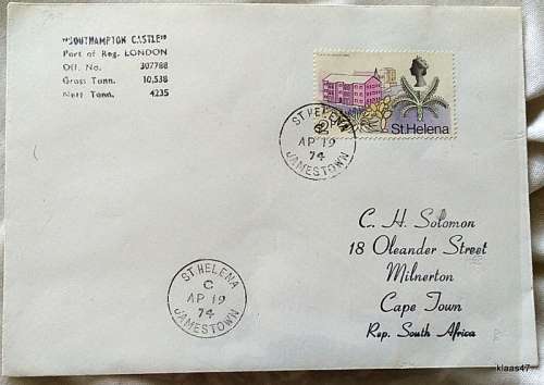 Union Castle Line Envelope - Stamped `Southampton Castle` - Date stamp St Helena AP 19 74 Jamestown