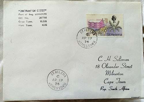 Union Castle Line Envelope - Stamped `Southampton Castle` - Date stamp St Helena AP 19 74 Jamestown