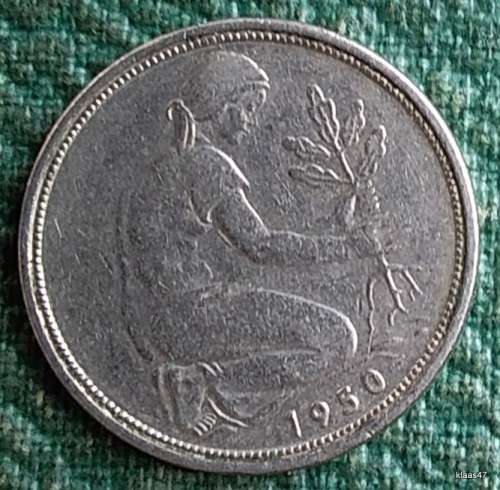 Germany - 50 Pfennig - 1950 G - Reeded edge - Copper-nickel