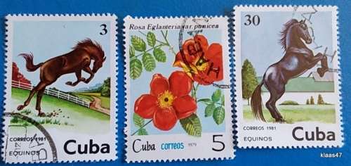 Cuba - Mixed Lot 3 Used stamps - Theme: Horses, flowers