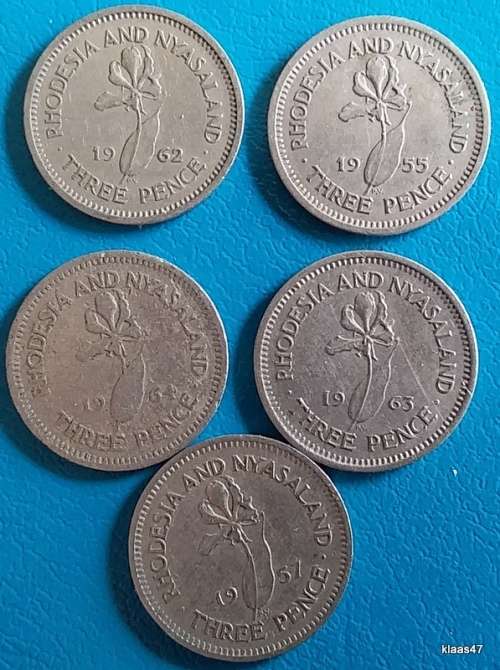 Rhodesia and Nyasaland  - Three Pence x 5 - 1955/57/62/63/64 - Copper-nickel