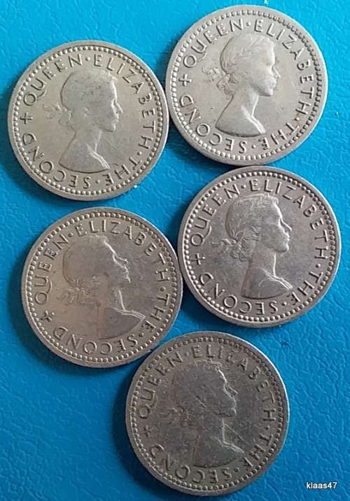 Rhodesia and Nyasaland  - Three Pence x 5 - 1955/57/62/63/64 - Copper-nickel