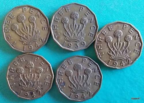 GB - Three Pence  5 - 1939/42x4 - George VI (with `IND:IMP`) - Brass