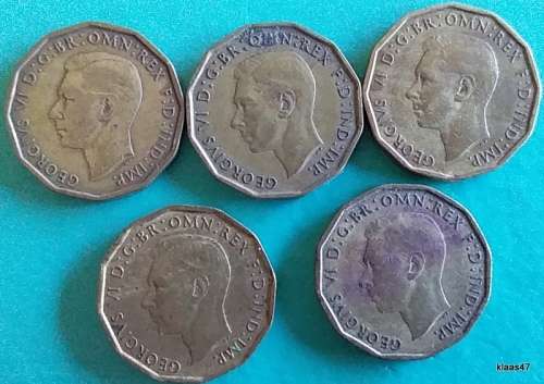 GB - Three Pence  5 - 1939/42x4 - George VI (with `IND:IMP`) - Brass