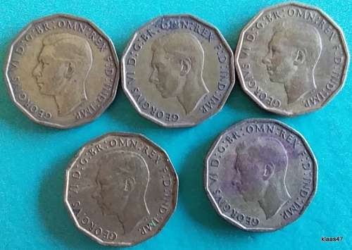 GB - Three Pence  5 - 1939/42x4 - George VI (with `IND:IMP`) - Brass