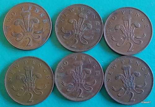 GB - Two Pence  x 6 - 1975/77/78/86/87/94 - Bronze