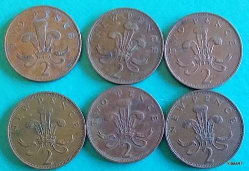 GB - Two Pence  x 6 - 1975/77/78/86/87/94 - Bronze