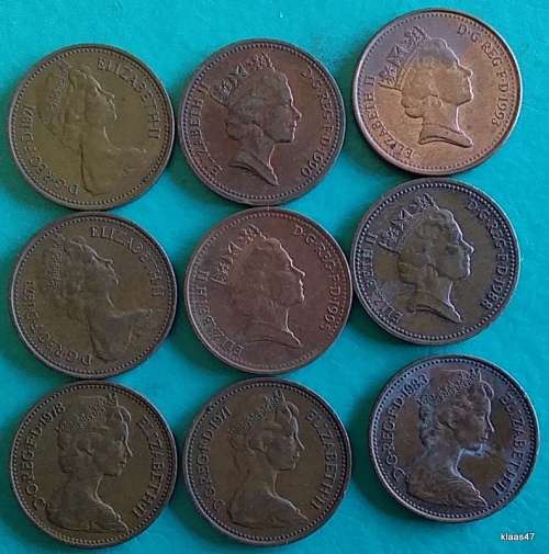 GB - Elizabeth II - 1 Penny x 9 - 1971x2/73/78/83/88/90/93/95 - Bronze