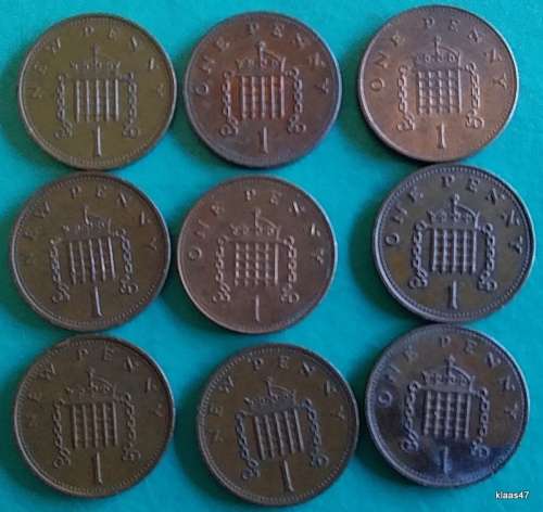 GB - Elizabeth II - 1 Penny x 9 - 1971x2/73/78/83/88/90/93/95 - Bronze