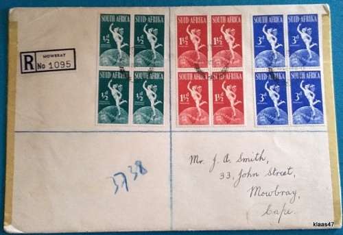 Union of South Africa - 1949 - 75th Anniversary of UPU - Blocks of 4 Stamps on Cover