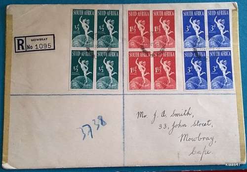 Union of South Africa - 1949 - 75th Anniversary of UPU - Blocks of 4 Stamps on Cover