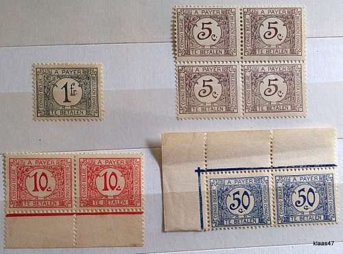 Belgian Congo - 1923 - Postage Due - 5c Block of 4, 10c + 50c Pairs, 1Fr Single - All unused Hinged